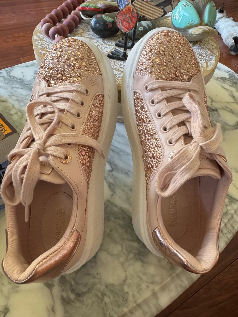 Michael Kors Blush Pink Rose Gold Crystal-Embellished Platform Sneakers